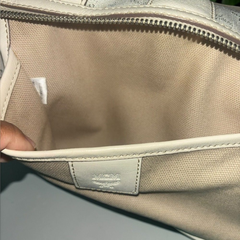 MCM Cream Logo Satchel with Gold Plaque and Charm - Picture 11 of 11